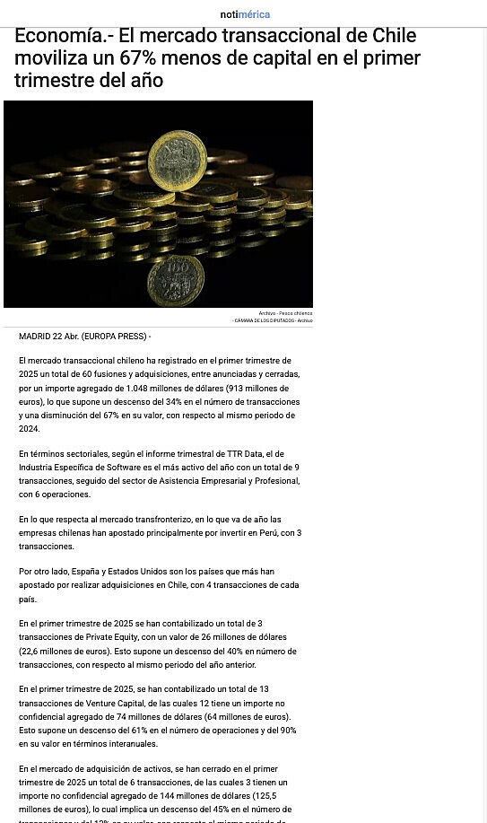 El mercado transaccional de Chile moviliza un 67% menos de capital en el primer trimestre del ao